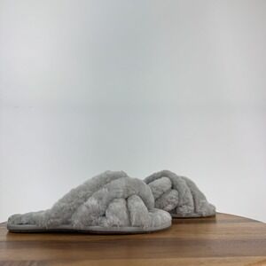 New Womens Ugg Scuffita Gray Shearling Cozzy Crisscross Slide Slippers Size 6‎ M